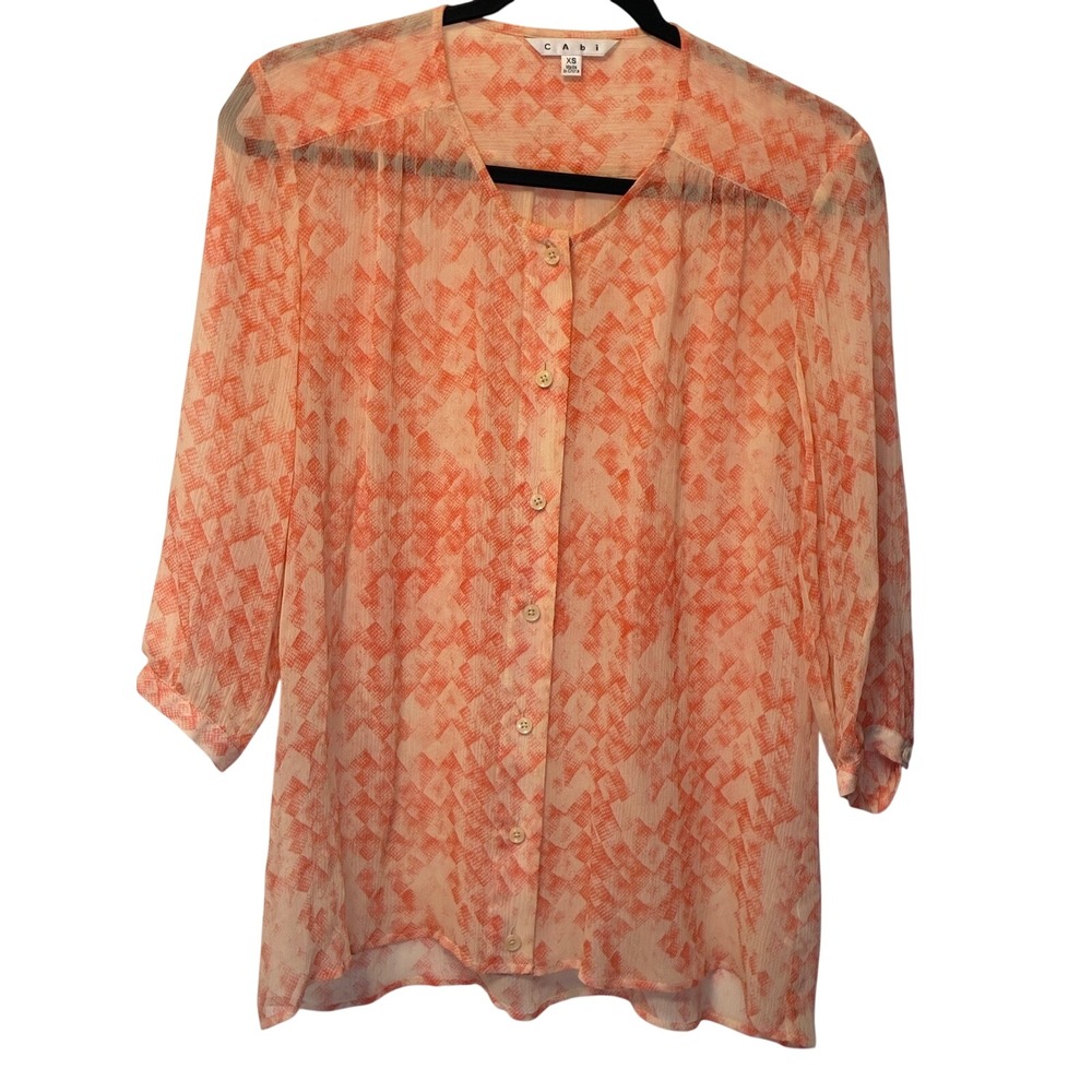 Cabi Womens XS Orange Silk Geometric Button Front Blouse Vintage Style